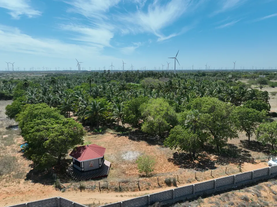 Aerial view across the tree-planted plot toward the boundary wall and the wind farm beyond